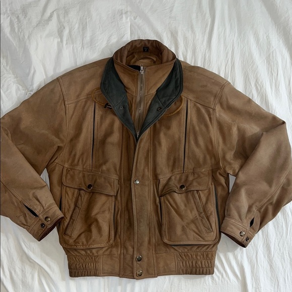 Excelled Other - Tan Suede Military Field Jacket with Green Collar & Quilted Lining